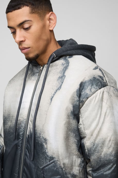 Oversized Abstract Print Hooded Bomber Jacket In Charcoal - Image 3