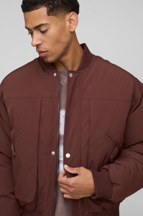 Oversized Seam Detail Peached Nylon Bomber Jacket - Image 3