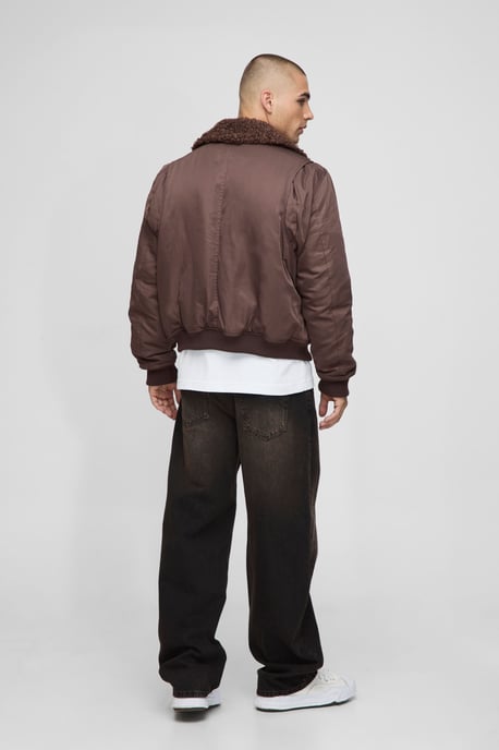 Regular Fit Boucle Borg Collar Nylon Bomber Jacket - Image 2