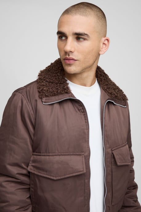 Regular Fit Boucle Borg Collar Nylon Bomber Jacket - Image 3