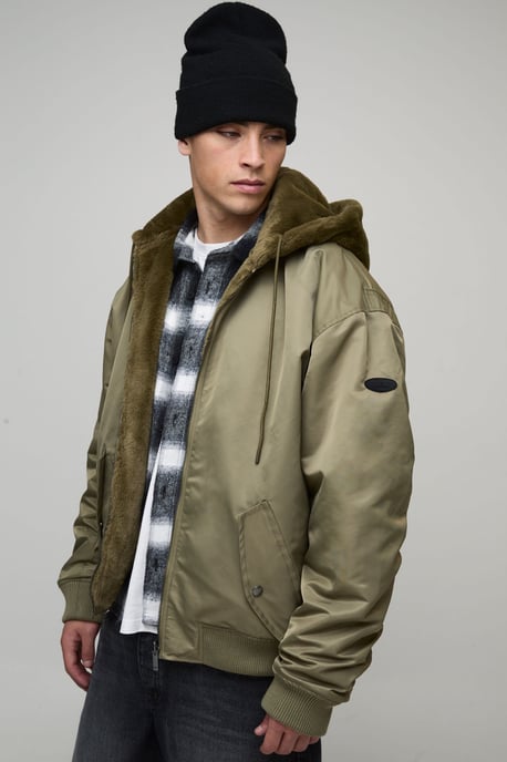 Oversized Faux Fur Hood Nylon Bomber Jacket - Image 1