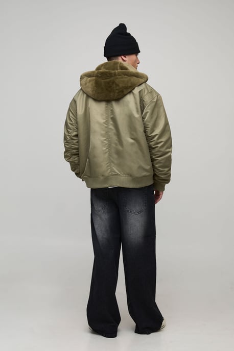 Oversized Faux Fur Hood Nylon Bomber Jacket - Image 2
