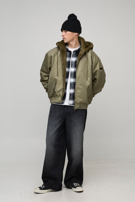 Oversized Faux Fur Hood Nylon Bomber Jacket - Image 4