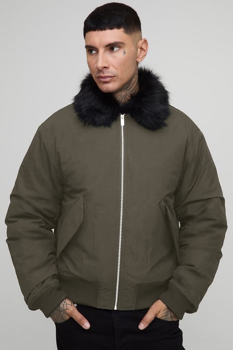 Tall Faux Fur Collar Regular Fit Bomber Jacket - Image 1