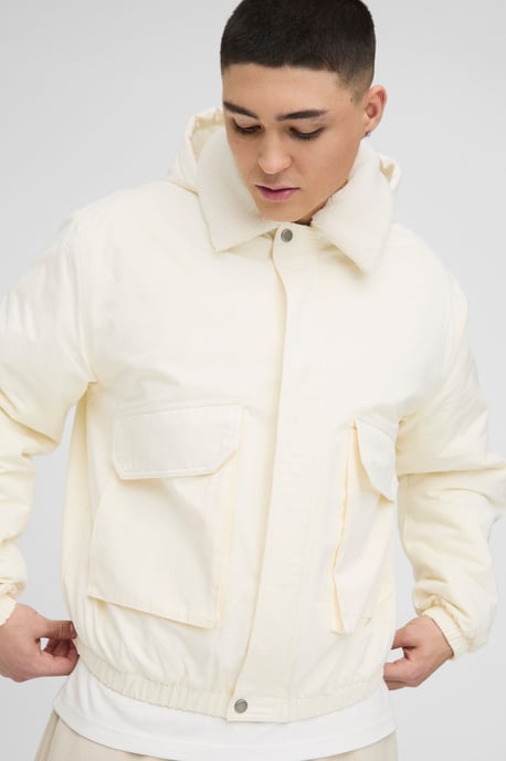 Oversized Borg Collar Twill Hooded Bomber Jacket - Image 3