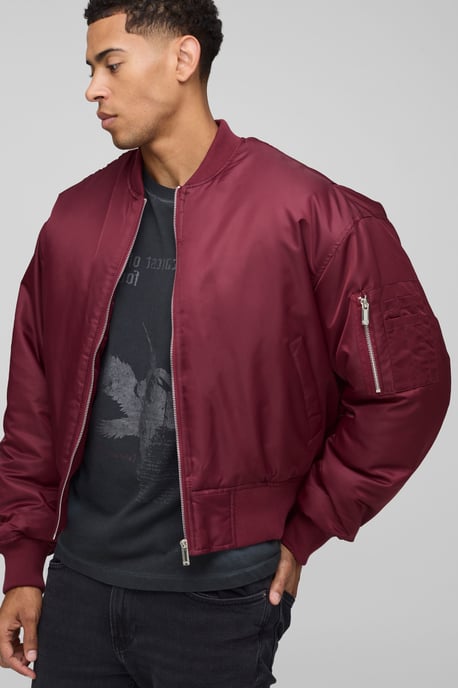 Oversized Boxy Curved Hem Nylon Bomber Jacket - Image 1