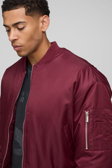 Oversized Boxy Curved Hem Nylon Bomber Jacket - Image 3