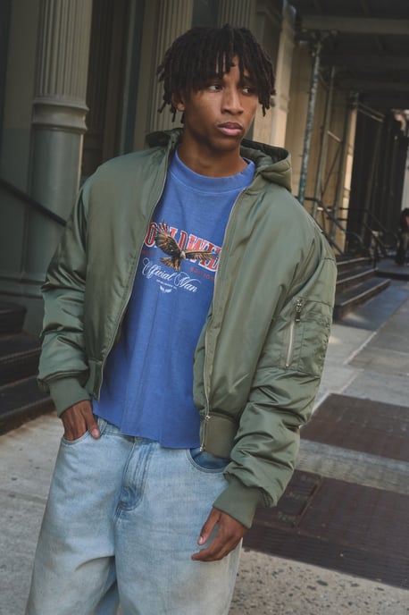 Oversized Boxy Curved Hem Hooded Nylon Bomber Jacket - Image 1