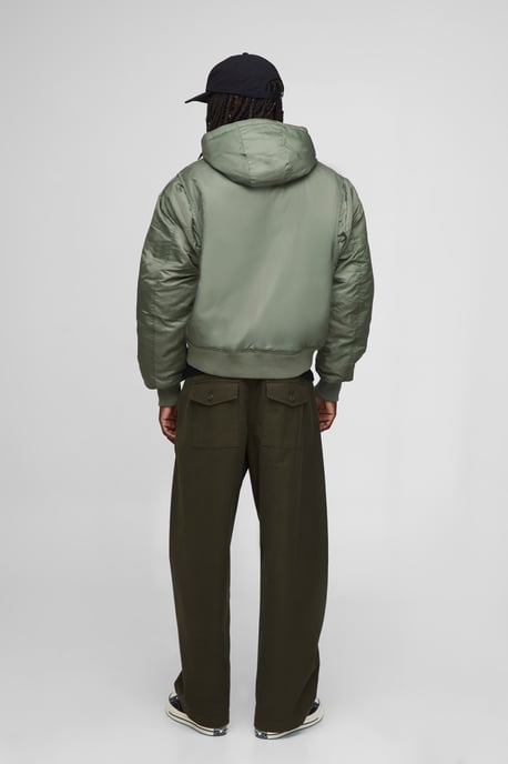 Oversized Boxy Curved Hem Hooded Nylon Bomber Jacket - Image 2