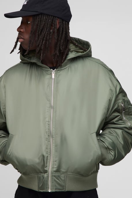Oversized Boxy Curved Hem Hooded Nylon Bomber Jacket - Image 3