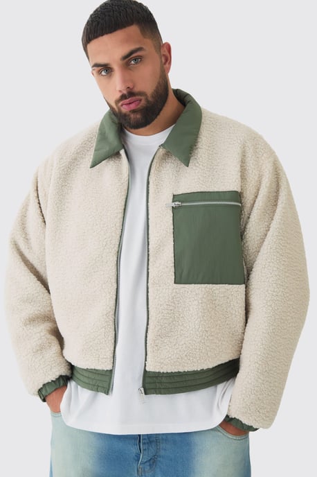 Plus Boxy Borg And Nylon Collared Bomber Jacket In Ecru - Image 1