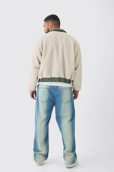 Plus Boxy Borg And Nylon Collared Bomber Jacket In Ecru - Image 2