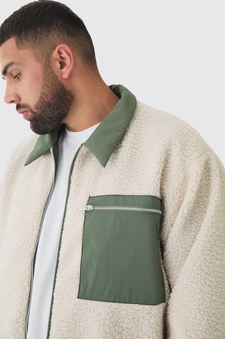 Plus Boxy Borg And Nylon Collared Bomber Jacket In Ecru - Image 3