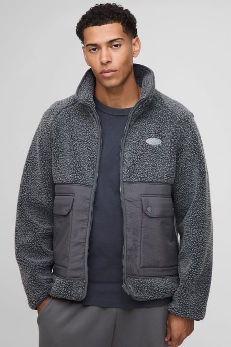 Regular Fit Two Tone Borg Nylon Mix Funnel Neck Zip Through Jacket - Image 1