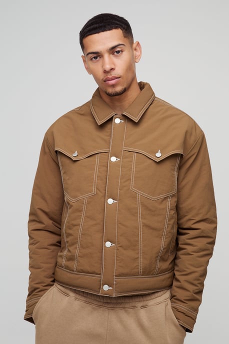 Boxy Nylon Contrast Stitch Western Padded Trucker Jacket - Image 1