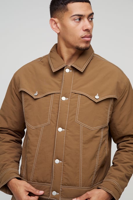 Boxy Nylon Contrast Stitch Western Padded Trucker Jacket - Image 3
