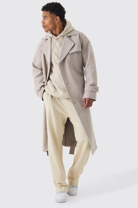 Oversized Double Breasted Trench Overcoat In Stone - Image 1