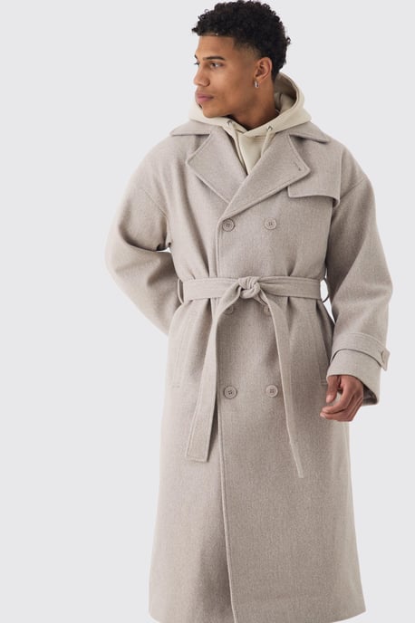 Oversized Double Breasted Trench Overcoat In Stone - Image 3