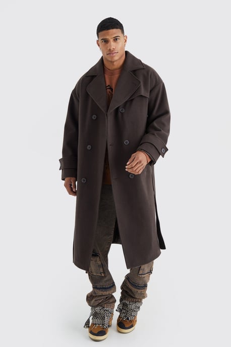 Double Breasted Trench Overcoat in Chocolate - Image 1