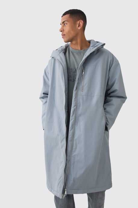 Oversized Padded Tech Longline Mac In Grey - Image 1