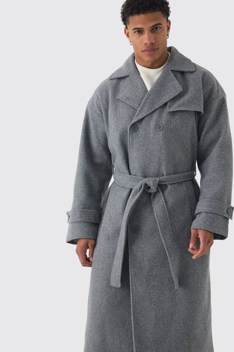 Oversized Double Breasted Trench Overcoat In Grey - Image 3