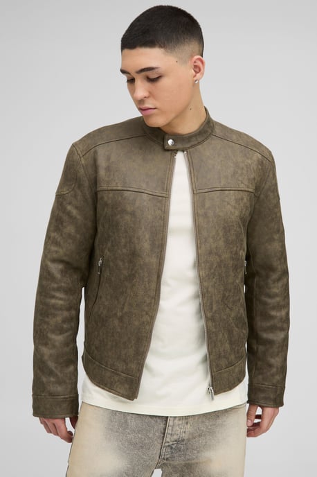 Regular Fit Washed Faux Suede Biker Jacket - Image 1