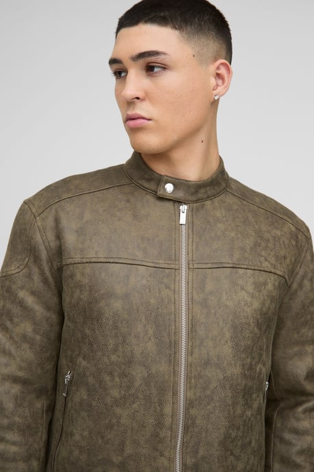 Regular Fit Washed Faux Suede Biker Jacket - Image 3