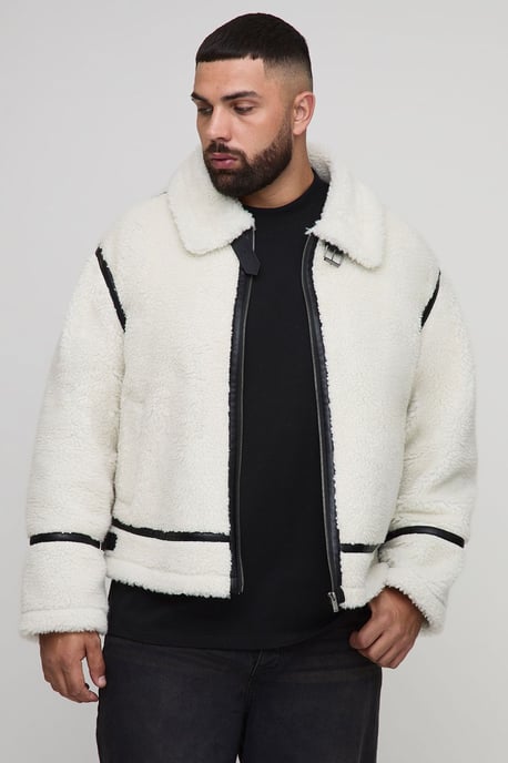 Plus Boxy Oversized PU Trim Borg Aviator Jacket - Image 1