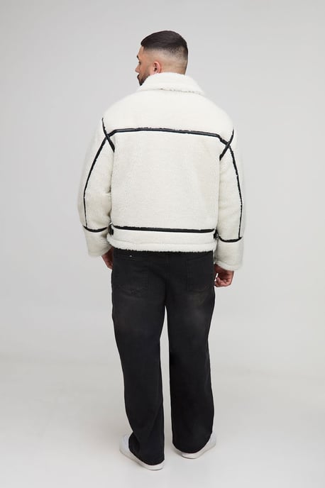 Plus Boxy Oversized PU Trim Borg Aviator Jacket - Image 2