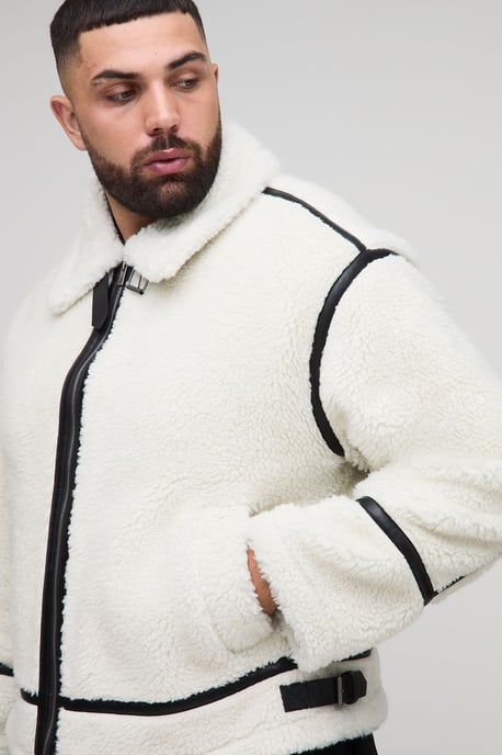 Plus Boxy Oversized PU Trim Borg Aviator Jacket - Image 3