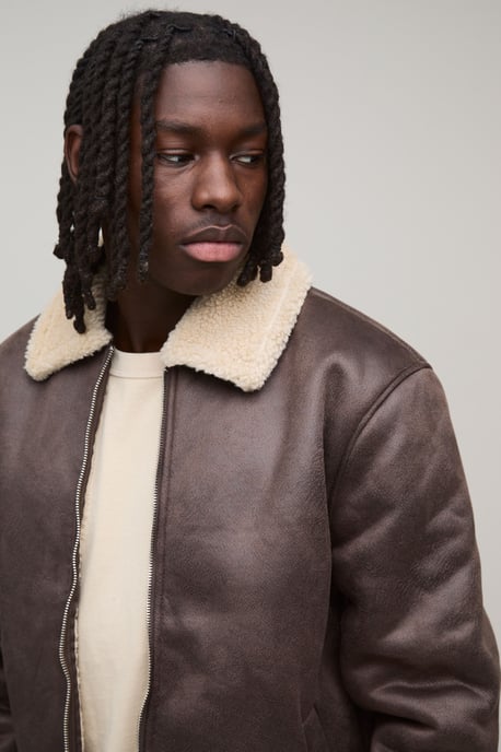 Faux Suede Aviator Jacket In Brown - Image 3