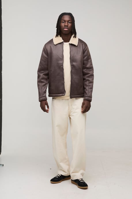 Faux Suede Aviator Jacket In Brown - Image 4
