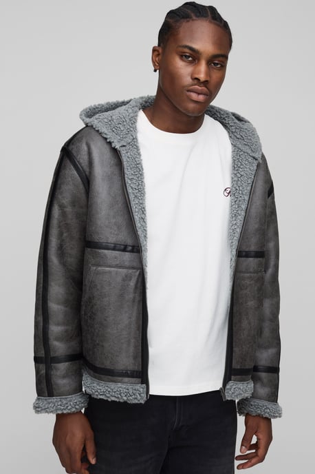 Regular Fit PU Seam Hooded Aviator Jacket - Image 1