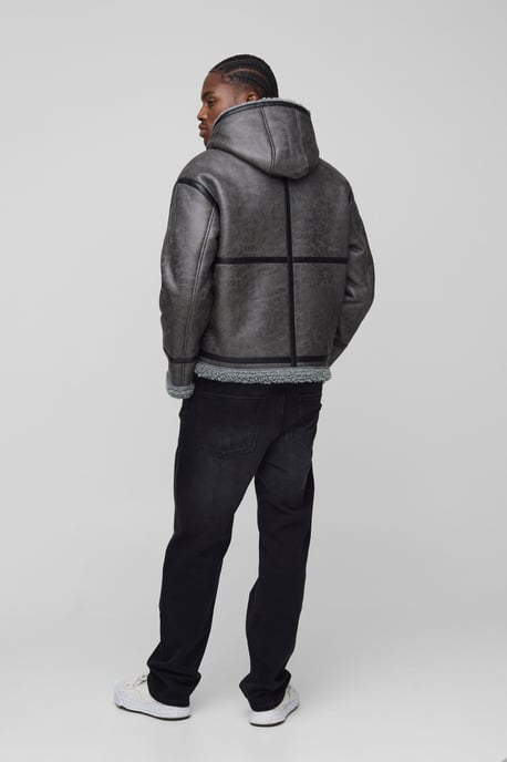 Regular Fit PU Seam Hooded Aviator Jacket - Image 2