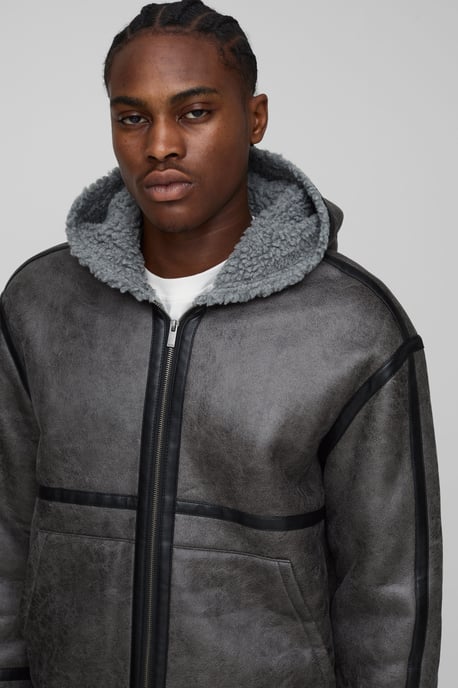 Regular Fit PU Seam Hooded Aviator Jacket - Image 3