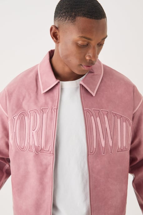 Boxy Tumble PU Applique Harrington Jacket In Pink - Image 3