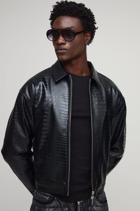 Boxy Faux Croc PU Harrington Jacket - Image 1