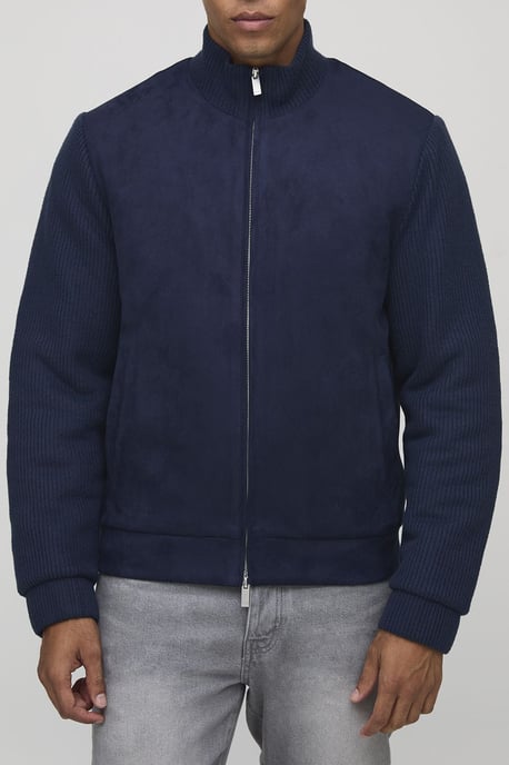 Regular Fit Textured Sleeve Faux Suede Funnel Neck Jacket - Image 1
