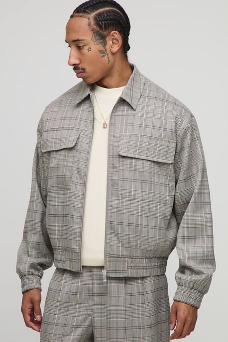 Checked Oversized Boxy Cargo Pocket Harrington Jacket - Image 1