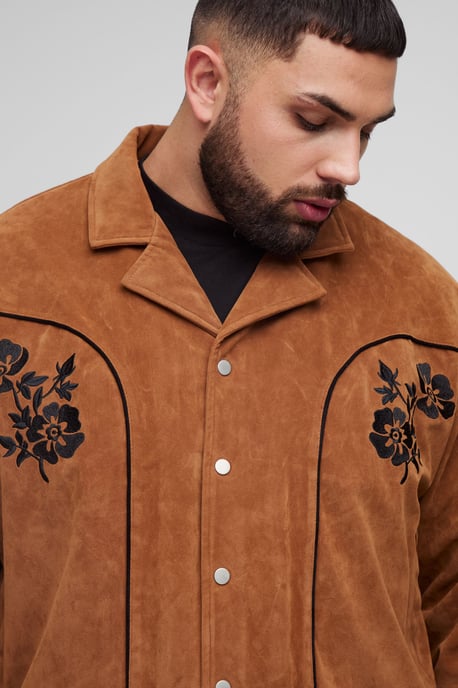 Plus Faux Suede Embroidered Oversized Boxy Fit Western Jacket - Image 3