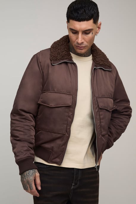 Tall Regular Fit Boucle Borg Collar Nylon Bomber Jacket - Image 1