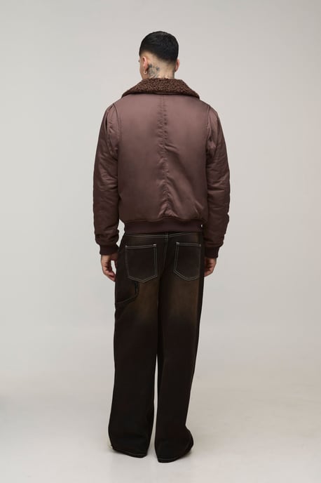 Tall Regular Fit Boucle Borg Collar Nylon Bomber Jacket - Image 2