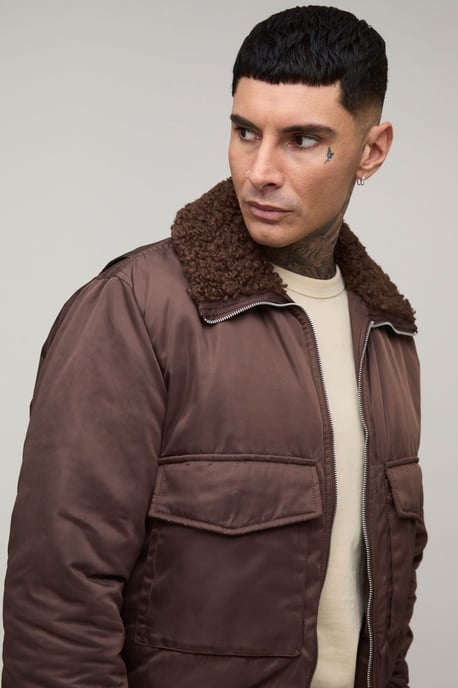 Tall Regular Fit Boucle Borg Collar Nylon Bomber Jacket - Image 3