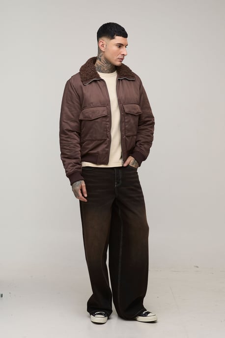 Tall Regular Fit Boucle Borg Collar Nylon Bomber Jacket - Image 4