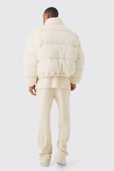 Borg & Nylon Funnel Neck Puffer In Ecru - Image 2