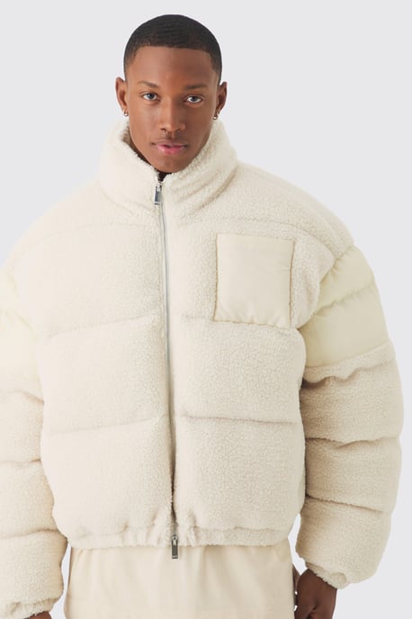 Borg & Nylon Funnel Neck Puffer In Ecru - Image 3