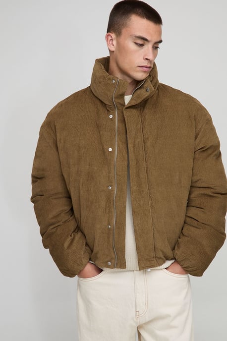 Boxy Fit Textured Velour Funnel Neck Puffer Jacket - Image 1