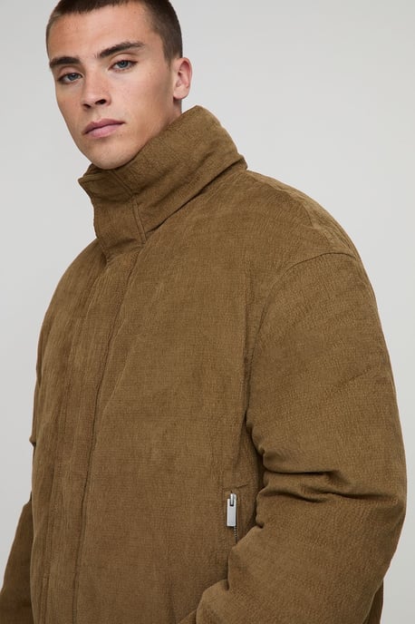 Boxy Fit Textured Velour Funnel Neck Puffer Jacket - Image 3