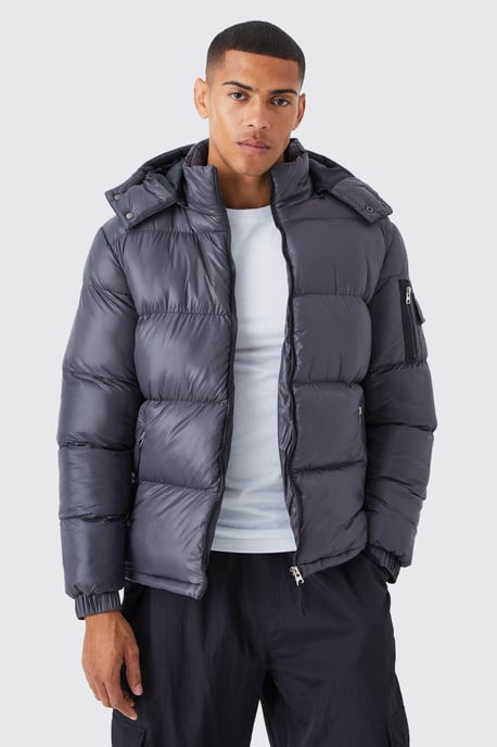 High Shine Hooded Puffer in Grey - Image 1