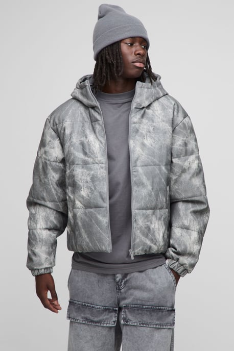 Oversized Boxy Fit Denim Look PU Hooded Puffer Jacket - Image 1